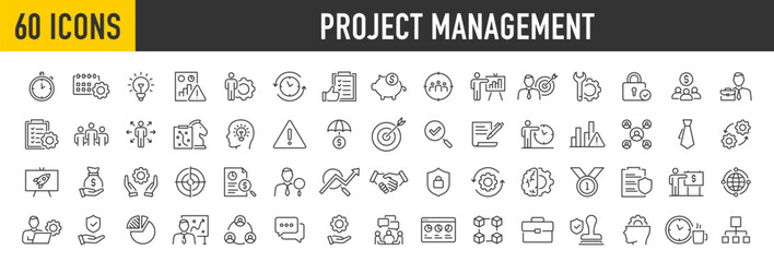 Poster - set of 60 project management web icons in line style. schedule, human resource, management, developm