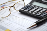 Fototapeta  - Accounting,calculator and pen,Financial chart ,ai generative