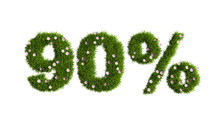 A 90 Percent Discount Sign Made Of Green Grass And Pink Flowers Isolated On A White Background, 3d Rendering