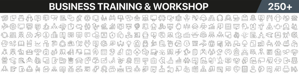 Wall Mural - Business training and workshop linear icons collection. Big set of more 250 thin line icons in black. Business training and workshop black icons. Vector illustration