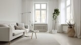 Fototapeta  - View of modern scandinavian style interior with sofa and trendy vase, Home staging and minimalism concept, ai