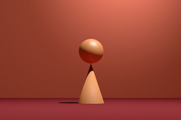 Aufkleber - Wooden sphere balancing on a cone. Concept of balance, harmony or stability. Abstract geometrical shapes. 3D render art.