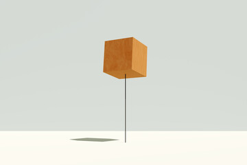 Poster - A big wooden block is balancing on a thin steel rod. Concept of balance, fragility, risk, harmony or stability.