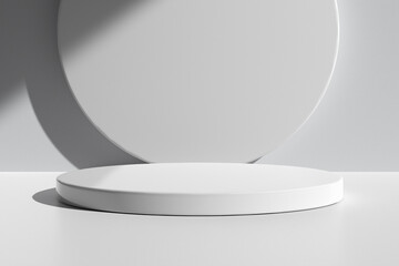 Aufkleber - Glossy round podium on table counter with natural light and shadow on the white wall.