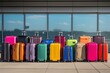Luggage suitcases at airport, ready for travelers' journeys, banner with copy space, vacation and travel concepts. generative ai