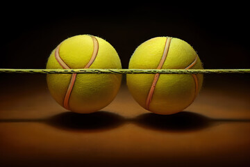 Wall Mural - 3d rendering of two tennis racquets of different colors with balls over them. Generative Ai