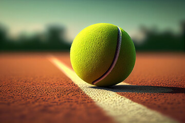 Wall Mural - Tennis ball on empty court floor close up outdoor sport field. Generative Ai