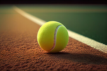 Wall Mural - Tennis ball on empty court floor close up outdoor sport field. Generative Ai