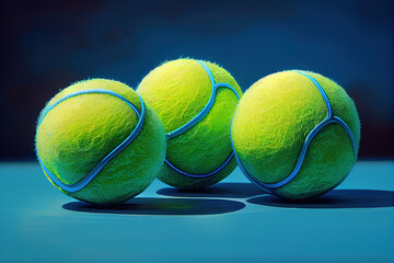 Wall Mural - Tennis balls on two tone blue background. Generative Ai