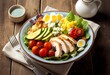 Crisp and Fresh Cobb Salad with Tender Grilled Chicken, Creamy Avocado, and Crumbled Blue Cheese. Generative AI