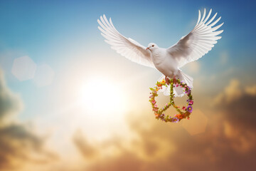 Canvas Afdrukken
 - white dove holding flower and branch in symbol of Peace flying on sky for freedom concept ,international day of peace 2023 ,Pray for Ukraine and No war concept
