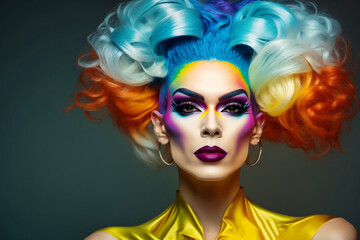 drag queen with a vibrant makeup and colorful hair on a dark background, generative ai	