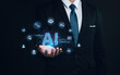 Technology tool AI, artificial smart robot intelligence to generate something or Help solve work problems. businessman using technology AI as the working tool. Chat bot Chat with AI, 