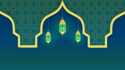 Wall Mural - Hanging Islamic lantern background.Blank template with islamic decoration design. Green colors elegant vector illustration.