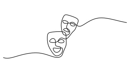 Wall Mural - Greek mask one line drawing, opera event symbols continuous hand drawn.