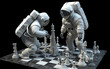 Two astronauts play chess on the moon. Two astronauts deeply engaged in a challenging game of chess in a monochrome setting, showcasing relaxation in space.