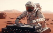 Astronaut DJ On The Mars. Astronaut DJ On Mars, Skillfully Controlling A Turntable, Merging Earthly Entertainment With Alien Landscapes.
