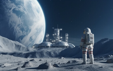 Wall Mural - lone astronaut stands near a large lunar base, illustrating advancements in space colonization and e