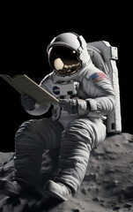 Wall Mural - astronaut seated on lunar surface engrossed in reading a book, blending space exploration with leisu