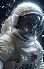 Wall Mural - astronaut with a reflective visor, surrounded by microgravity-induced water droplets, emphasizing th