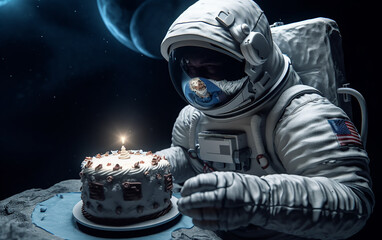 Wall Mural - astronaut in space holding a decorative cake with lit candles, combining the vastness of the univers