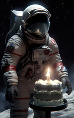 Wall Mural - cosmonaut birthday on the moon. astronaut on lunar surface lighting a birthday cake, showcasing a bl