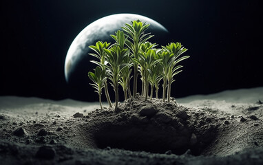 Wall Mural - multiple tall green plants sprouting from the moon's terrain with earth in the background, signifyin