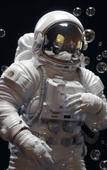 Wall Mural - astronaut surrounded by floating bubbles in space, representing a playful and surreal encounter duri
