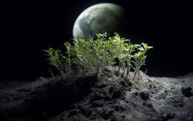 Wall Mural - dense cluster of plants growing robustly on the moon's surface, highlighting the idea of life and su