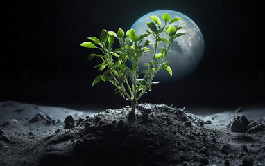 Wall Mural - fresh green plant sprouting from moon soil, emphasizing the concept of extraterrestrial life with ea