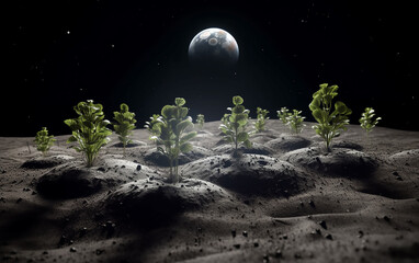 Wall Mural - cluster of young plants emerging from lunar terrain, symbolizing growth in space with earth overseei