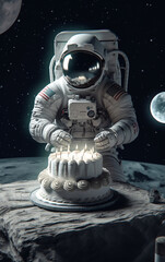 Wall Mural - cosmonaut birthday on the moon. astronaut in full gear holds a birthday cake, representing a unique 