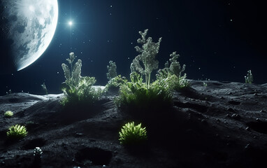 Wall Mural - lush plants rise from the moon's surface, drawing a sharp contrast with the barren backdrop and a br