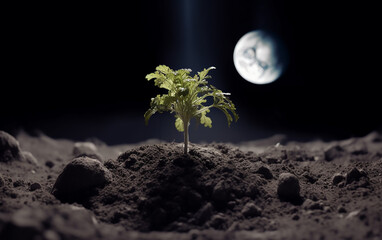 Wall Mural - singular green plant sprouting from moon soil, representing potential life in outer space, earth glo