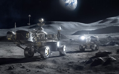 Two lunar exploration vehicles equipped with scientific tools maneuvering the moon's surface, under Earth's gaze.