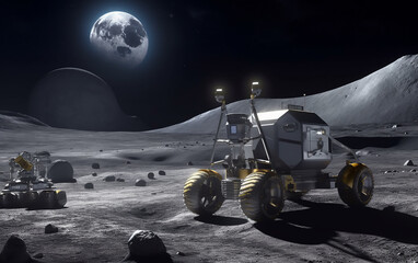 Wall Mural - advanced moon rovers designed for scientific research parked on the lunar surface, with earth's silh