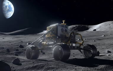 Wall Mural - advanced lunar rover traversing rocky terrains, equipped with tools and sensors, with earth in the b