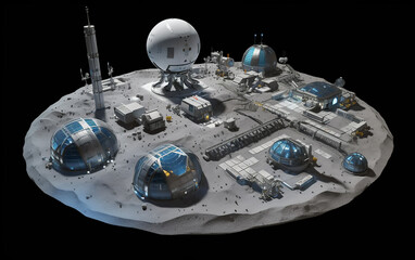 Wall Mural - comprehensive moon base setup showcasing various habitats, communication arrays, and logistical faci