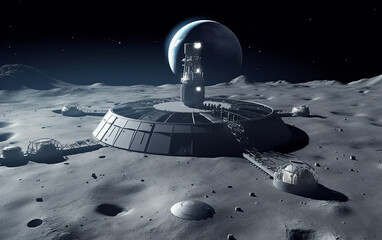 Wall Mural - futuristic moon communication station with a large transparent dome, ensuring connectivity in the va