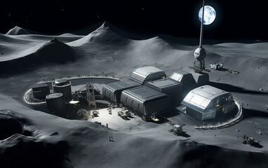 Wall Mural - lunar research compound nestled in a mountainous region, featuring interconnected buildings and an i