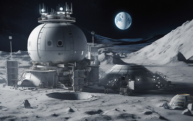 Wall Mural - robust space settlement displaying a dominant spherical habitat, vehicles, and earth shining brightl