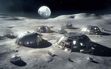 Wall Mural - expansive moon base layout with multiple domed habitats and supporting facilities, set against earth
