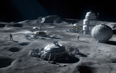 Wall Mural - astronauts exploring a lunar landscape near a scientific outpost, equipped with antennas and domed s