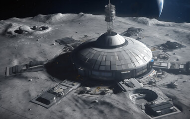 Wall Mural - advanced lunar research facility with a central dome, surrounded by various modular structures on th