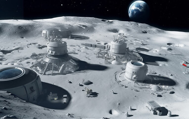 Wall Mural - illustration of a new space station on the moon. expansive lunar base featuring multiple domed habit
