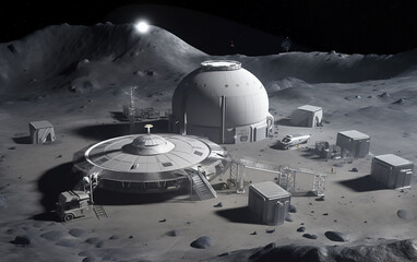 Wall Mural - lunar outpost situated in a crater valley, showcasing domed structures, vehicles, and essential util