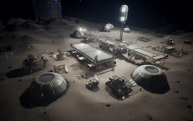 Wall Mural - illustration of a new space station on the moon. night view of a lunar base showing illuminated modu