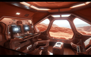 Wall Mural - inside view of a mars rover cockpit, well-equipped with state-of-the-art technology for navigating a