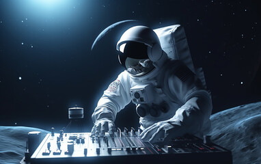 Wall Mural - astronaut dj on the moon. astronaut on a lunar surface expertly manipulates a mixing console, blendi