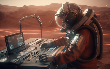 Wall Mural - astronaut dj on the mars. focused astronaut in a martian setting operates an advanced soundboard, em